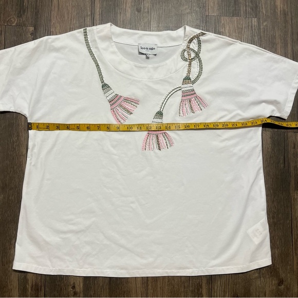 Leo & Ugo Paris White Pink Round Neck Embellished Women's Top Cap Sleeve Shirt L - Picture 11 of 11